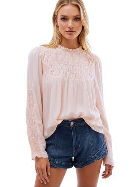 FREE PEOPLE Smocked in Time Pink Rose Ruffle Neck smocked‎ Blouse Top XS